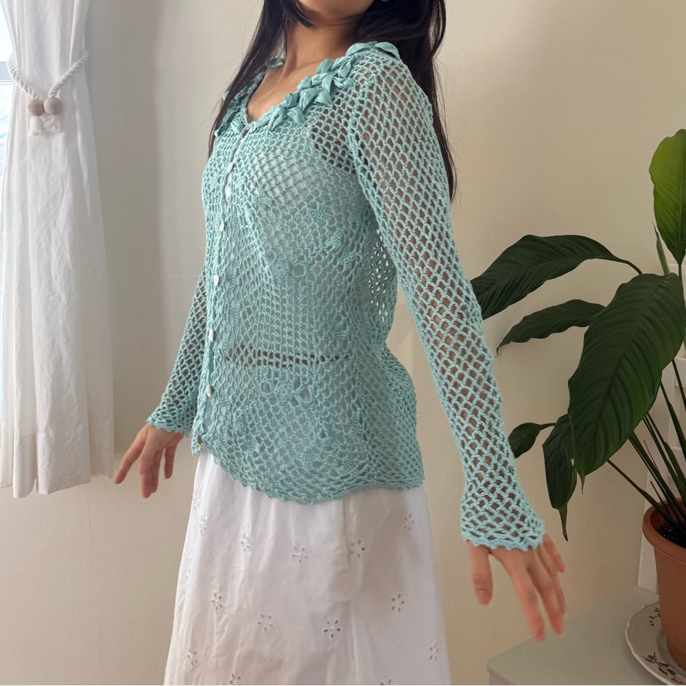 Modern Soul Linen Cotton Blend Crochet Light Blue Button Front Cardigan Size XS - Picture 5 of 11